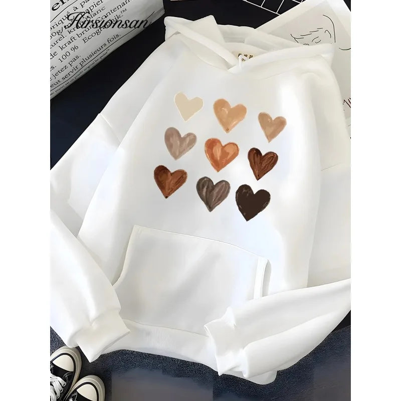 Hirsionsan Harajuku Heart Print Sweatshirt for Women 2023 New Winter Soft Casual Loose Warm Female Hoodies Fleece Ladies Clothes