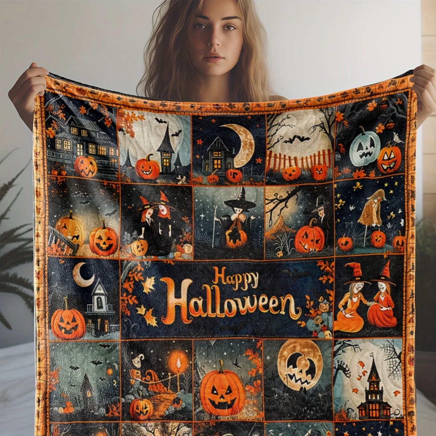 Vintage Halloween Theme Flannel Blanket - Pumpkin Witch Digital Print,Large Size Sofa Bed Office Travel
