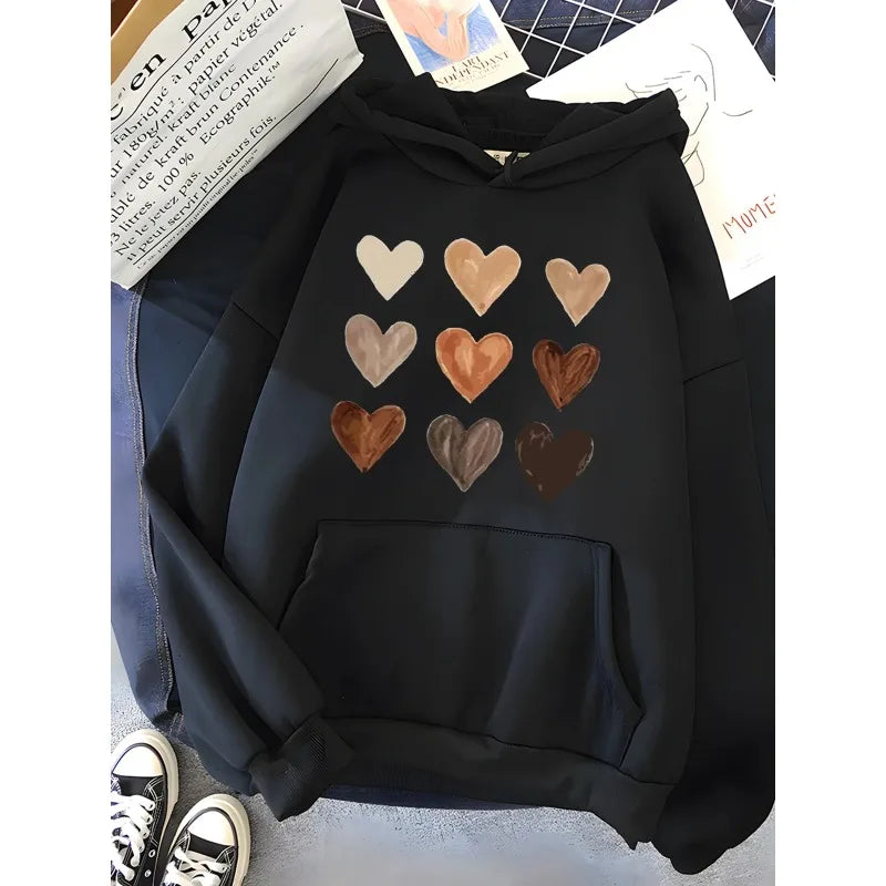 Hirsionsan Harajuku Heart Print Sweatshirt for Women 2023 New Winter Soft Casual Loose Warm Female Hoodies Fleece Ladies Clothes