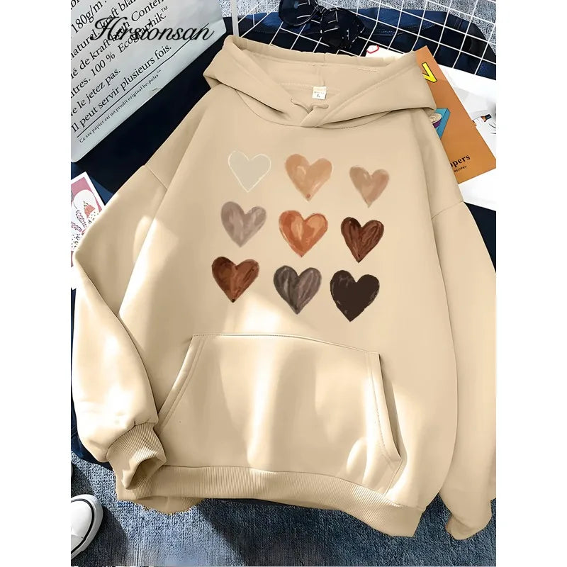 Hirsionsan Harajuku Heart Print Sweatshirt for Women 2023 New Winter Soft Casual Loose Warm Female Hoodies Fleece Ladies Clothes