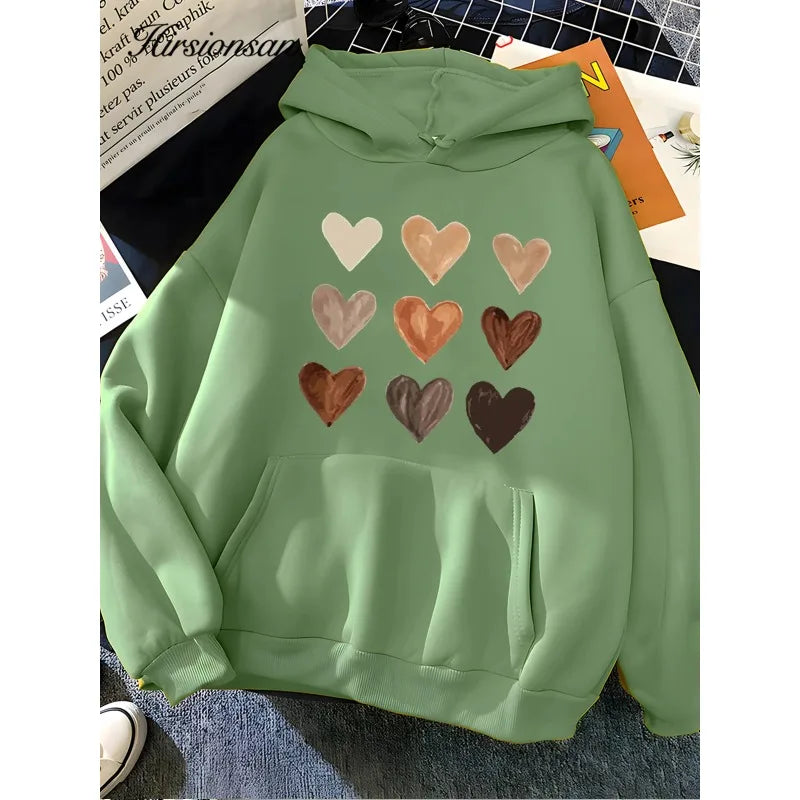 Hirsionsan Harajuku Heart Print Sweatshirt for Women 2023 New Winter Soft Casual Loose Warm Female Hoodies Fleece Ladies Clothes