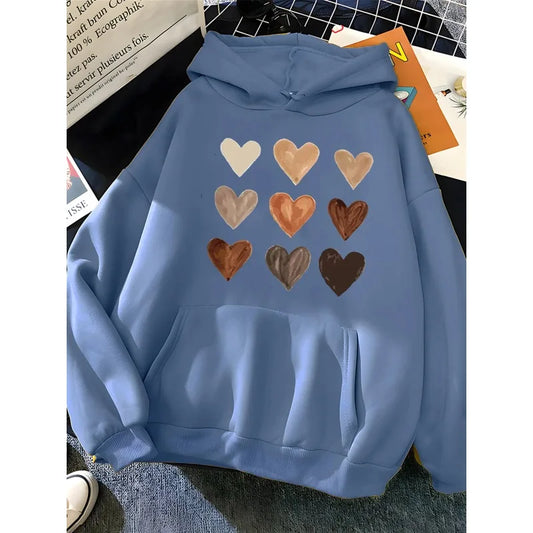 Hirsionsan Harajuku Heart Print Sweatshirt for Women 2023 New Winter Soft Casual Loose Warm Female Hoodies Fleece Ladies Clothes